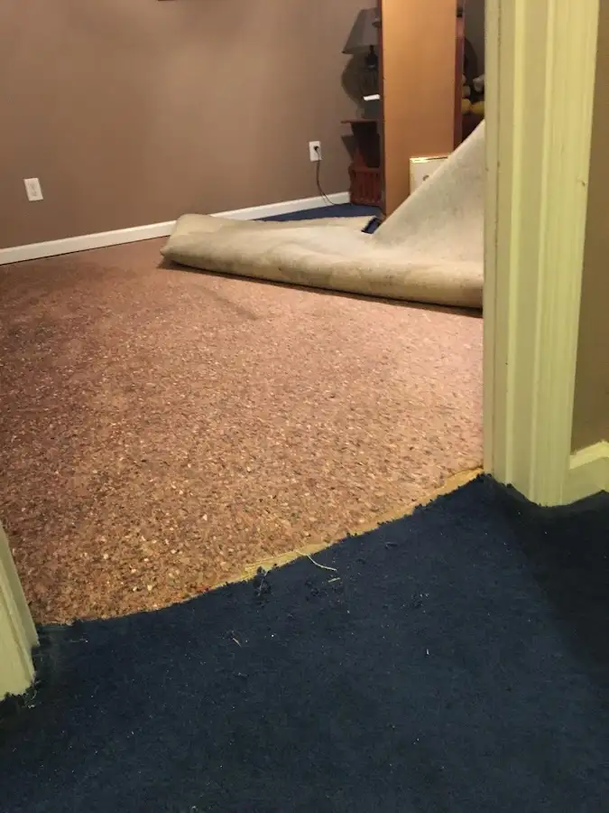 Carpet pad removal revealing water damage during Drying & Dehumidification in Flint